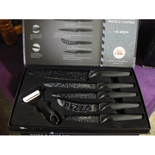 144 - NEW/PACKAGED CHEESE KNIFE SET ON SLATE, ALSO KNIFE SET WITH MARBLE COATING, ALSO NEW.