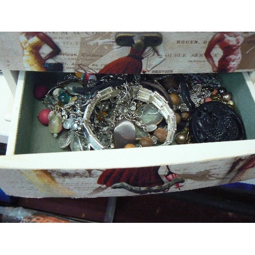 202 - JEWELLERY BOX, PARISIAN STYLE. FULL OF COSTUME JEWELLERY. ALSO EARRING ORGANISER-BOXED.