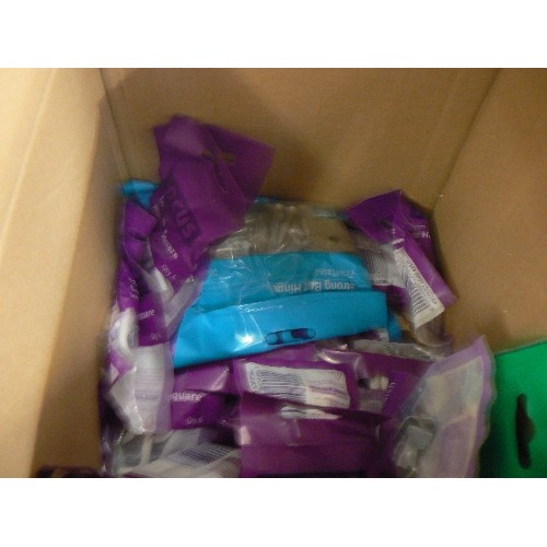 206 - BOX CONTAINING LARGE QUANTITY OF NEW ASSORTED SCREWS AND LUGS, SCREW EYES, RIGID JOINTS, LOCK JOINTS... 