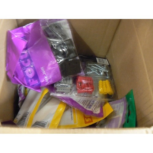 206 - BOX CONTAINING LARGE QUANTITY OF NEW ASSORTED SCREWS AND LUGS, SCREW EYES, RIGID JOINTS, LOCK JOINTS... 