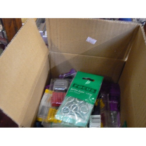 206 - BOX CONTAINING LARGE QUANTITY OF NEW ASSORTED SCREWS AND LUGS, SCREW EYES, RIGID JOINTS, LOCK JOINTS... 