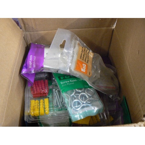 206 - BOX CONTAINING LARGE QUANTITY OF NEW ASSORTED SCREWS AND LUGS, SCREW EYES, RIGID JOINTS, LOCK JOINTS... 