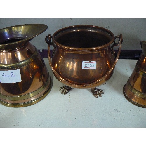 70B - 3 X COPPER AND BRASS JUGS, COPPER AND BRASS CAULDRON ON 3 BRASS FEET