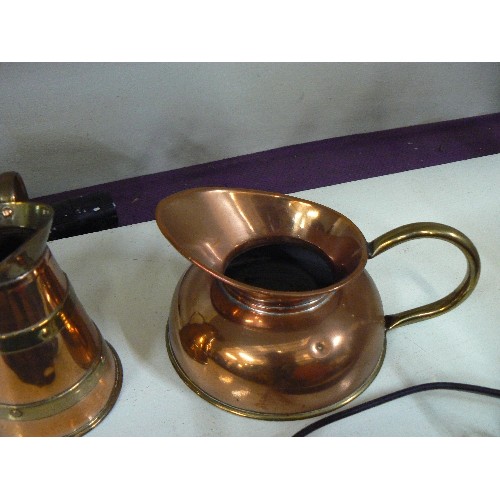 70B - 3 X COPPER AND BRASS JUGS, COPPER AND BRASS CAULDRON ON 3 BRASS FEET