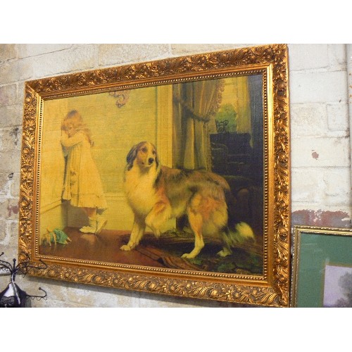 135 - 4 X FRAMED/GLAZED PRINTS. INC AUTUMNAL SCENE IN LARGE FRAME, COLLIE DOG AND CHILD, THE TIMID BATHER,... 