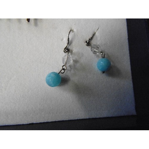 123A - GENUINE BLUE AND CLEAR QUARTZ GEMSTONES  STERLING SILVER HOOK EARINGS AND MATCHING WHITE METAL WIREA... 