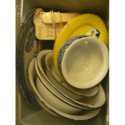 198A - A PILE OF PLASTIC PLANT POTS, BOX OF ENAMEL PLATES ETC, TELEPHONE, MEAT PLATE