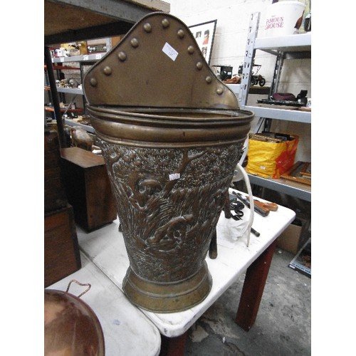 137 - LARGE BRASS STICK/UMBRELLA STAND. EMBOSSED WITH COUNTRYSIDE SCENE OF COURTING COUPLE & FARMERS GATHE... 