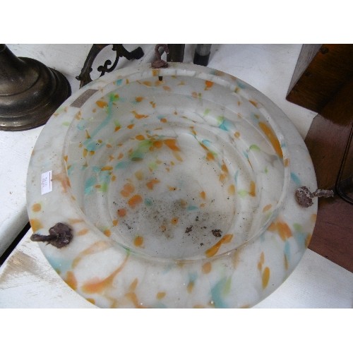 108 - VINTAGE GLASS 'FLY CATCHER' CEILING LIGHT. WHITE/ORANGE/AQUA AND GREEN FLECKS. NO CHAIN.