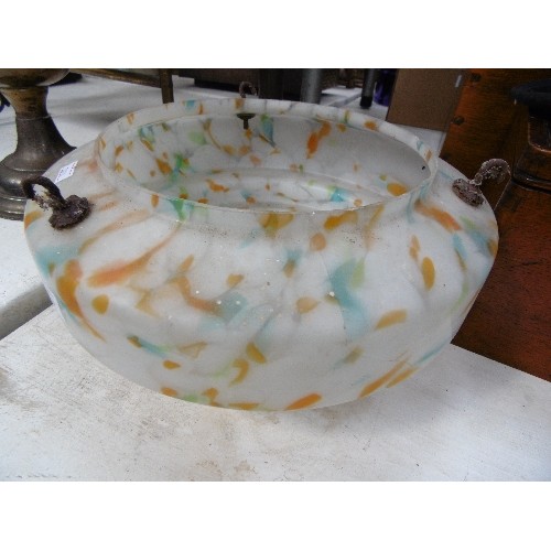 108 - VINTAGE GLASS 'FLY CATCHER' CEILING LIGHT. WHITE/ORANGE/AQUA AND GREEN FLECKS. NO CHAIN.