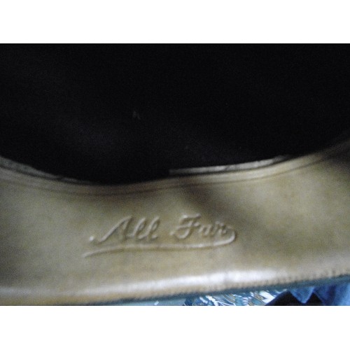 109 - VINTAGE BOWLER HAT. THE LEATHER BAND IS INSCRIBED 'ALL FUR' 'BEST MANUFACTURE 15'