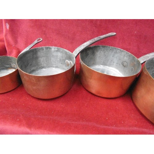 112 - SET OF 4 GRADUATED VINTAGE COPPER SAUCEPANS WITH IRON HANDLES.