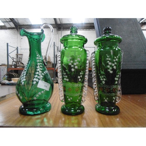 102 - 3 X VINTAGE GLASS ITEMS WITH RAISED HAND-PAINTED LILY OF THE VALLEY DETAIL. 2 HAVE FIXED LIDS WITH H... 