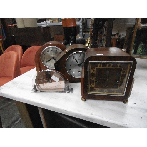 106 - 4 X VINTAGE MANTLE CLOCKS. 3 ARE WOODEN CASED, THE 4TH IS BLUSH GLASS ON ART DECO CHROME BASE.