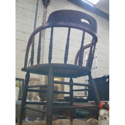 101 - VICTORIAN DESK/CAPTAINS CHAIR WITH BENTWOOD ARMS, TURNED SPINDLE BACK AND LEGS.