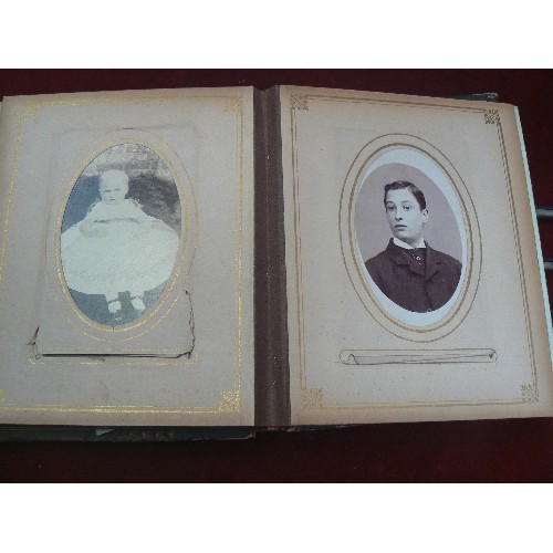 124 - SMALL ANTIQUE PHOTOGRAPH ALBUM, FULL OF PROFESSIONALLY TAKEN PORTRAITS. SOME WITH PRETTY MOUNTS.