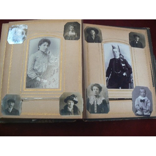 124 - SMALL ANTIQUE PHOTOGRAPH ALBUM, FULL OF PROFESSIONALLY TAKEN PORTRAITS. SOME WITH PRETTY MOUNTS.