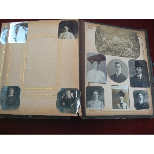 124 - SMALL ANTIQUE PHOTOGRAPH ALBUM, FULL OF PROFESSIONALLY TAKEN PORTRAITS. SOME WITH PRETTY MOUNTS.