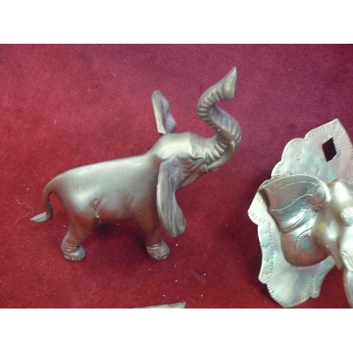 129 - BRASS ELEPHANT COLLECTION. INCLUDES AN ELEPHANT HEAD WALL HOOK, 3 X ELEPHANT FIGURES AND 2 HORSE BRA... 