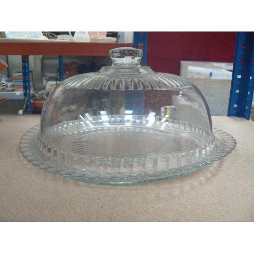 152 - LARGE VINTAGE CAKE DOME & BASE. ALSO GLASS CHEESE PLATTER WITH GRAPEVINE HANDLE AND SILVER-PLATED BA... 