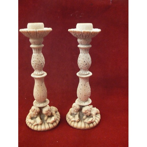 154 - PAIR OF VINTAGE CHERUB CANDLETICKS, & 2 X CHERUB PAIR FIGURES.