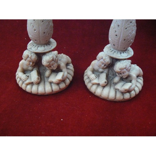 154 - PAIR OF VINTAGE CHERUB CANDLETICKS, & 2 X CHERUB PAIR FIGURES.