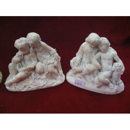 154 - PAIR OF VINTAGE CHERUB CANDLETICKS, & 2 X CHERUB PAIR FIGURES.