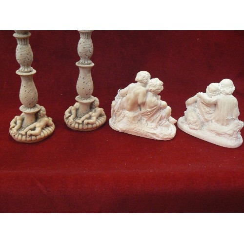 154 - PAIR OF VINTAGE CHERUB CANDLETICKS, & 2 X CHERUB PAIR FIGURES.