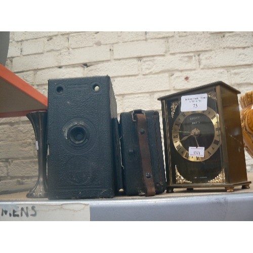 435 - 2 X VINTAGE ENSIGN BOX CAMERAS,  METAMEC QUARTZ CARRIAGE CLOCK, AND A SMALL METAL FLUTED STEM VASE.