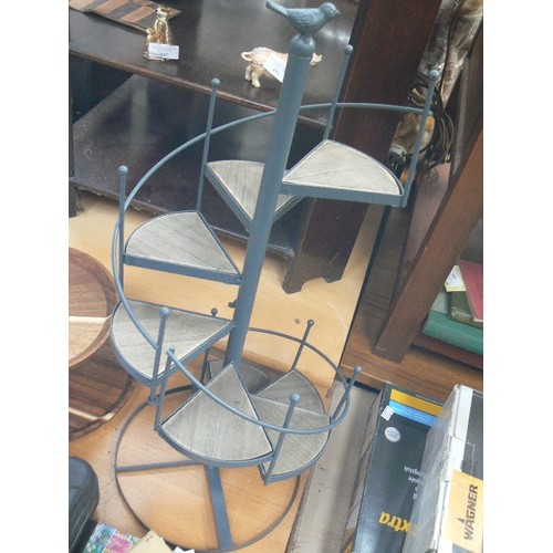 445 - CONTEMPORARY SPIRAL STAIRCASE DISPLAY STAND [MULT-USE FOR FOOD, MUGS, FIGURES, CAKE ETC ETC]. DARK G... 