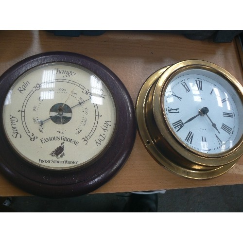 447 - FAMOUS GROUSE SCOTCH WHISKEY BRANDED BAROMETER. ALSO A BRASS FRAMED MONARCH WALL CLOCK.