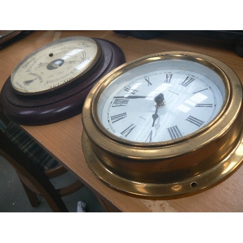 447 - FAMOUS GROUSE SCOTCH WHISKEY BRANDED BAROMETER. ALSO A BRASS FRAMED MONARCH WALL CLOCK.