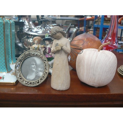 566 - 2 WOODEN APPLES, PAIR OF PAST TIMES PORCELAIN CANDLESTICKS, WILLOW TREE ANGEL OF HEALING, ETC