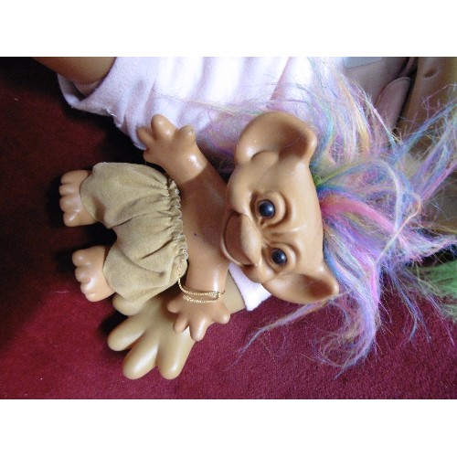 66 - A LARGE VINTAGE TROLL,  & A SMALL ONE BY UNEEDY DOLL Co. ALSO A HAND PUPPET OF A QUEEN.