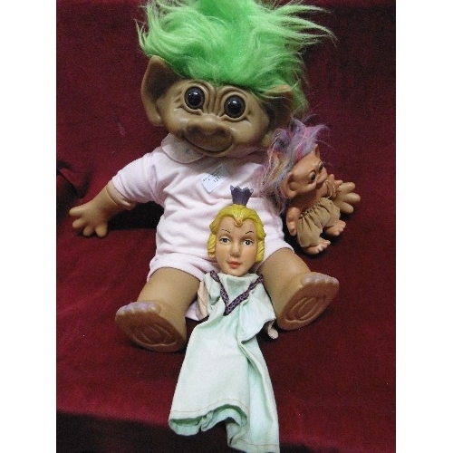 66 - A LARGE VINTAGE TROLL,  & A SMALL ONE BY UNEEDY DOLL Co. ALSO A HAND PUPPET OF A QUEEN.