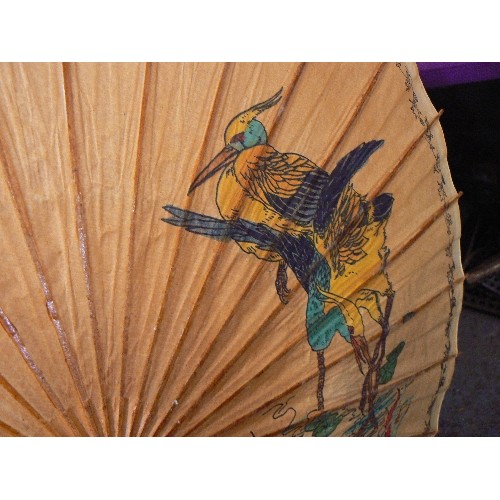 103 - WOODEN/PAPER PARASOL. FEATURES BIRDS AND FLOWERS.