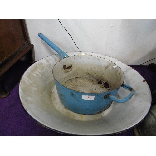 122 - LARGE VINTAGE WHITE ENAMEL BOWL WITH NAVY EDGE, AND A LARGE BLUE ENAMEL SAUCEPAN.