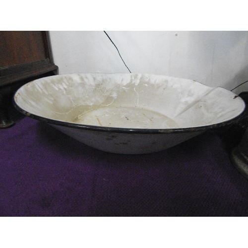 122 - LARGE VINTAGE WHITE ENAMEL BOWL WITH NAVY EDGE, AND A LARGE BLUE ENAMEL SAUCEPAN.