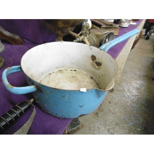 122 - LARGE VINTAGE WHITE ENAMEL BOWL WITH NAVY EDGE, AND A LARGE BLUE ENAMEL SAUCEPAN.