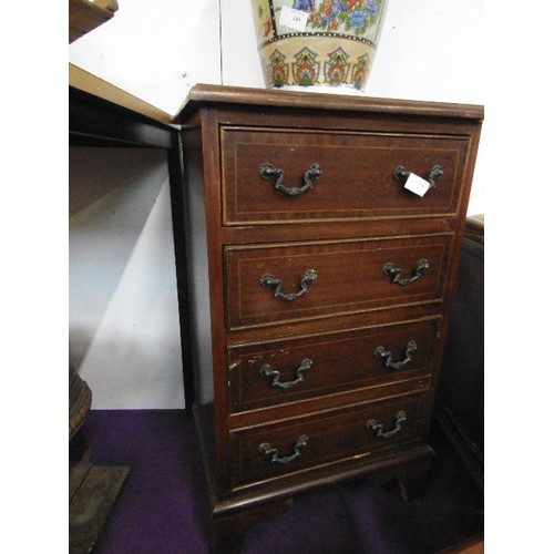 123 - SMALL 4 DRAWER CHEST WITH INLAID DRAWER FRONTS. METAL PULL HANDLES.