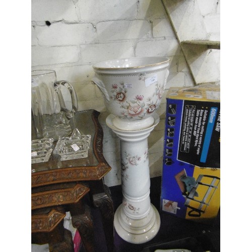 147 - CERAMIC FLORAL JARDINIERE, MATCHING COLUMN BASE. PINKS ETC.