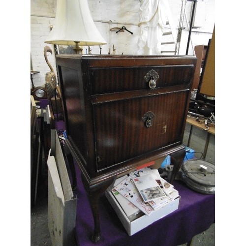 209 - SMALL CABINET ON CABRIOLE LEGS. TOP DRAWER & PULL-DOWN CABINET,