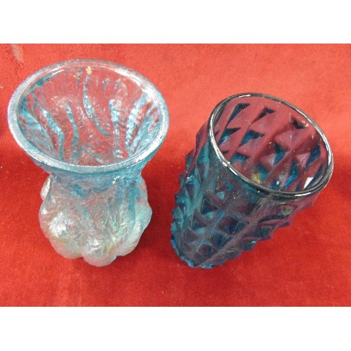 221 - 2 ATTRACTIVE AQUA-BLUE VASES. TEXTURED GLASS.