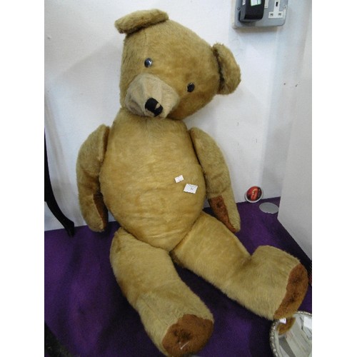 89 - VERY LARGE LEFRAY VINTAGE MOHAIR TEDDY BEAR. HAS JOINTED LIMBS, BLACK BUTTON EYES, AND POOR OLD BOY ... 