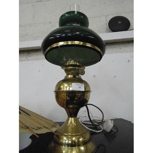 98 - LARGE BRASS OIL LAMP. WITH FOREST GREEN GLASS SHADE. COMPLETE WITH CHIMNEY.