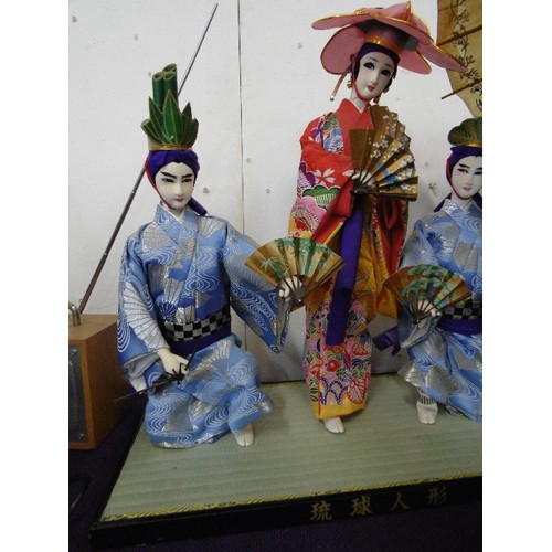 102 - 3 LARGE ORIENTAL FIGURES, [2 MALE, 1 FEMALE] WEARING CLOTH KIMONOS, & WITH FANS. ON RECTANGULAR BASE... 