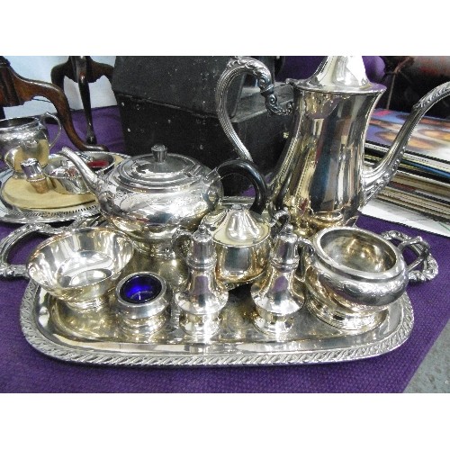 116 - BEAUTIFUL SILVER-PLATE TEA & COFFEE SET ON A TRAY, ALSO INC CRUET SET, NAPKIN RINGS, MUSTARD POT WIT... 