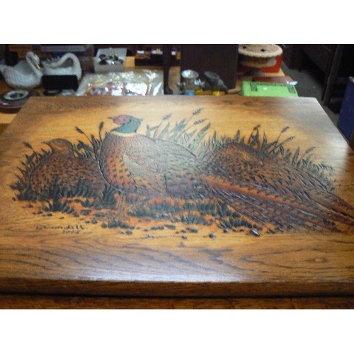 274 - GEORGE CUNDILL ORIGINAL & SIGNED, POKERWORK NEST OF 3 TABLES. BEAUTIFUL PHEASANT, MALLARD AND GROUSE... 