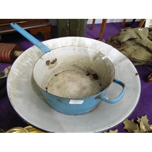 122 - LARGE VINTAGE WHITE ENAMEL BOWL WITH NAVY EDGE, AND A LARGE BLUE ENAMEL SAUCEPAN.