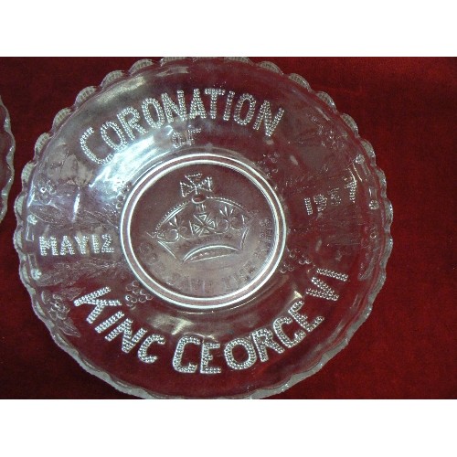 280 - 2 X GLASS CORONATION COMMEMORATIVE PLATES. KING GEORGE VI 1937, AND QUEEN ELIZABETH 1953.